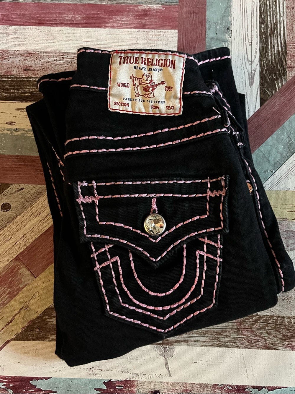 True Religion Becca Mid-Rise Super T Bootcut Jeans Wore 1X Black/Pink SZE 24X